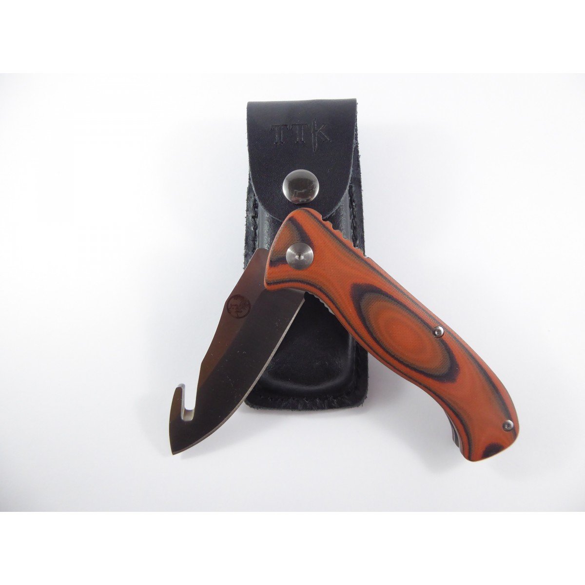 Tassie Tiger Knives,  Folding Gut Hook Hunting knife + Leather Sheath